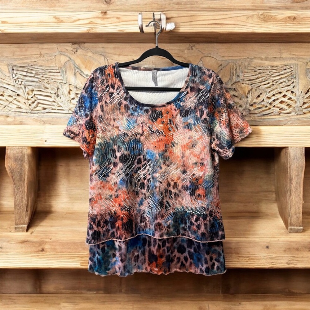 Lavena Coral/Peach/Blue/Brown Abstract Animal Print Layered Mesh Top